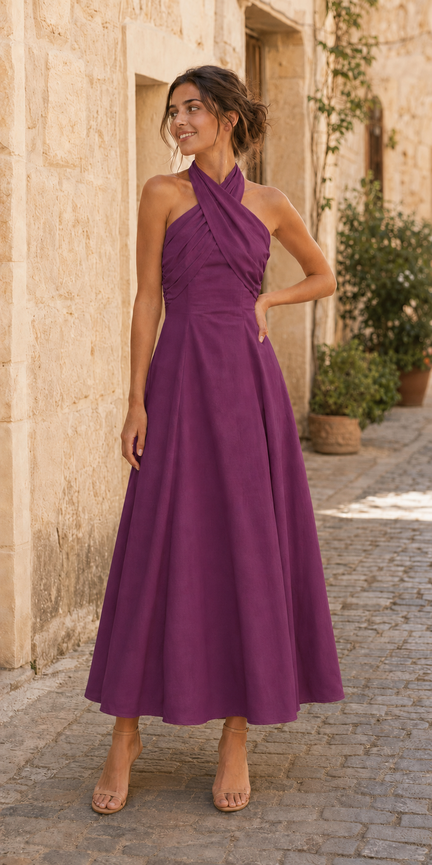 Maxikleid Elodie in Rosa mit gekreuztem Neckholder