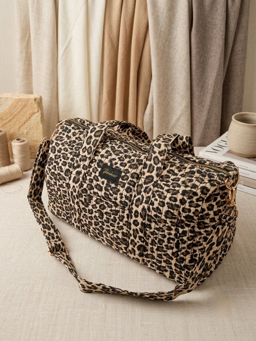 Gesteppte Tasche mit Leopardenmuster, Tragegriffen und verstellbarem Schultergurt