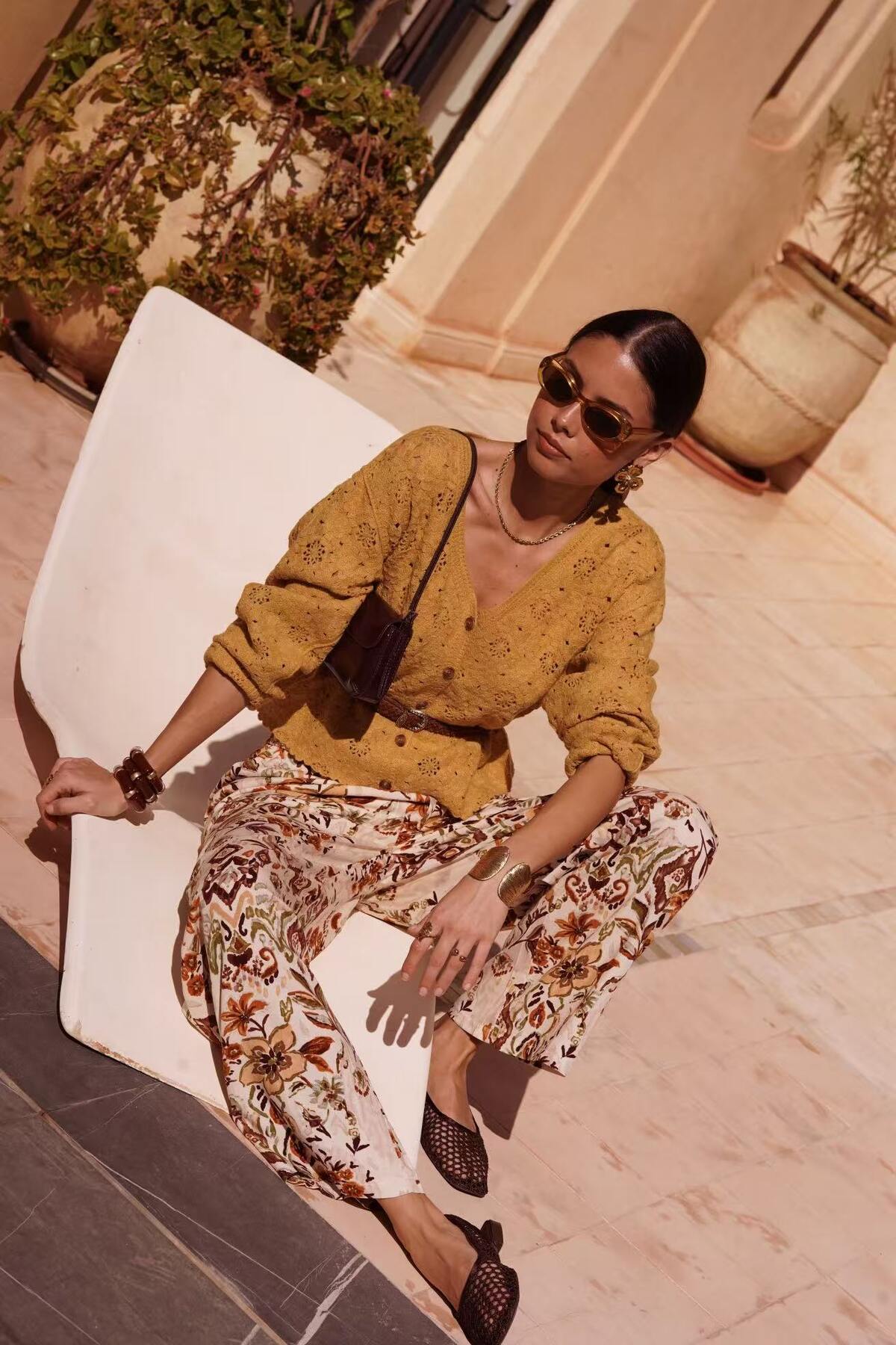 Boho-Print-Hose Marisol in Beige mit weitem Bein