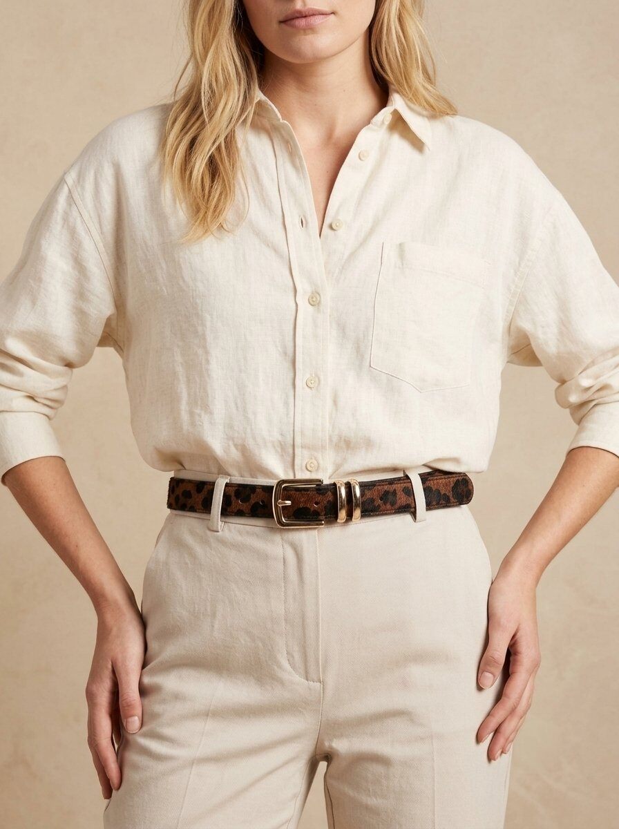 Model trägt schmalen Leoparden-Gürtel mit goldfarbener Schnalle zu cremefarbenem Outfit