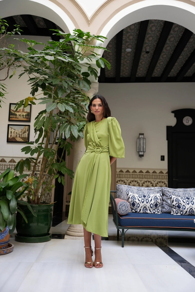 Miranda Midikleid in Olivgrün mit Drapierung