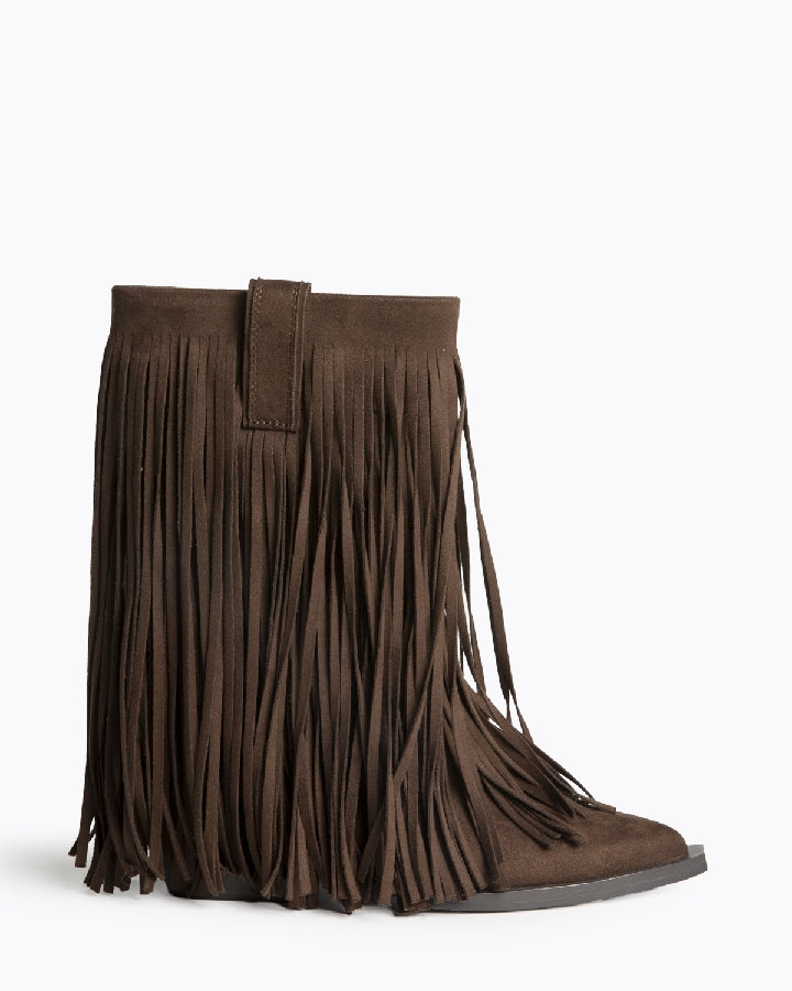 Stiefeletten mit Fransen Spitze Cowboy Boots Braun Western Ankle Boots Mittlerer Absatz Boho Stiefel hippy style für Damen und Frauen M5813