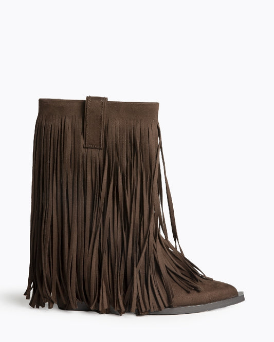 Stiefeletten mit Fransen Spitze Cowboy Boots Braun Western Ankle Boots Mittlerer Absatz Boho Stiefel hippy style für Damen und Frauen M5813