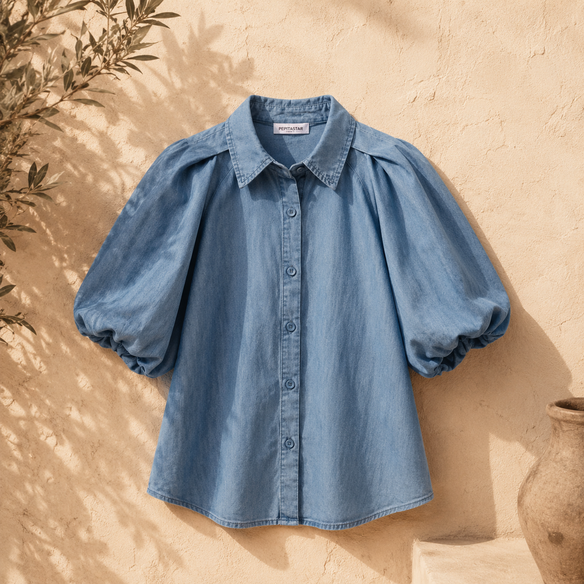 Bluse Celeste mit Hemdkragen, Knopfleiste und voluminösen Kurzärmeln
