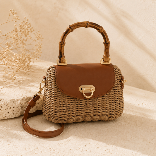Solea Handtasche in Taupe und Cognac mit Bambusgriff