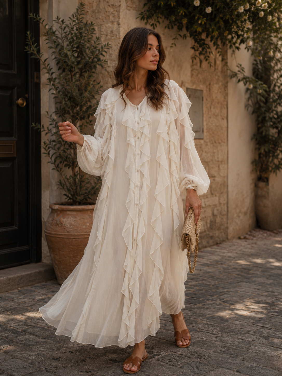 Langes Rüschenkleid – Feminine Eleganz mit fließender Leichtigkeit