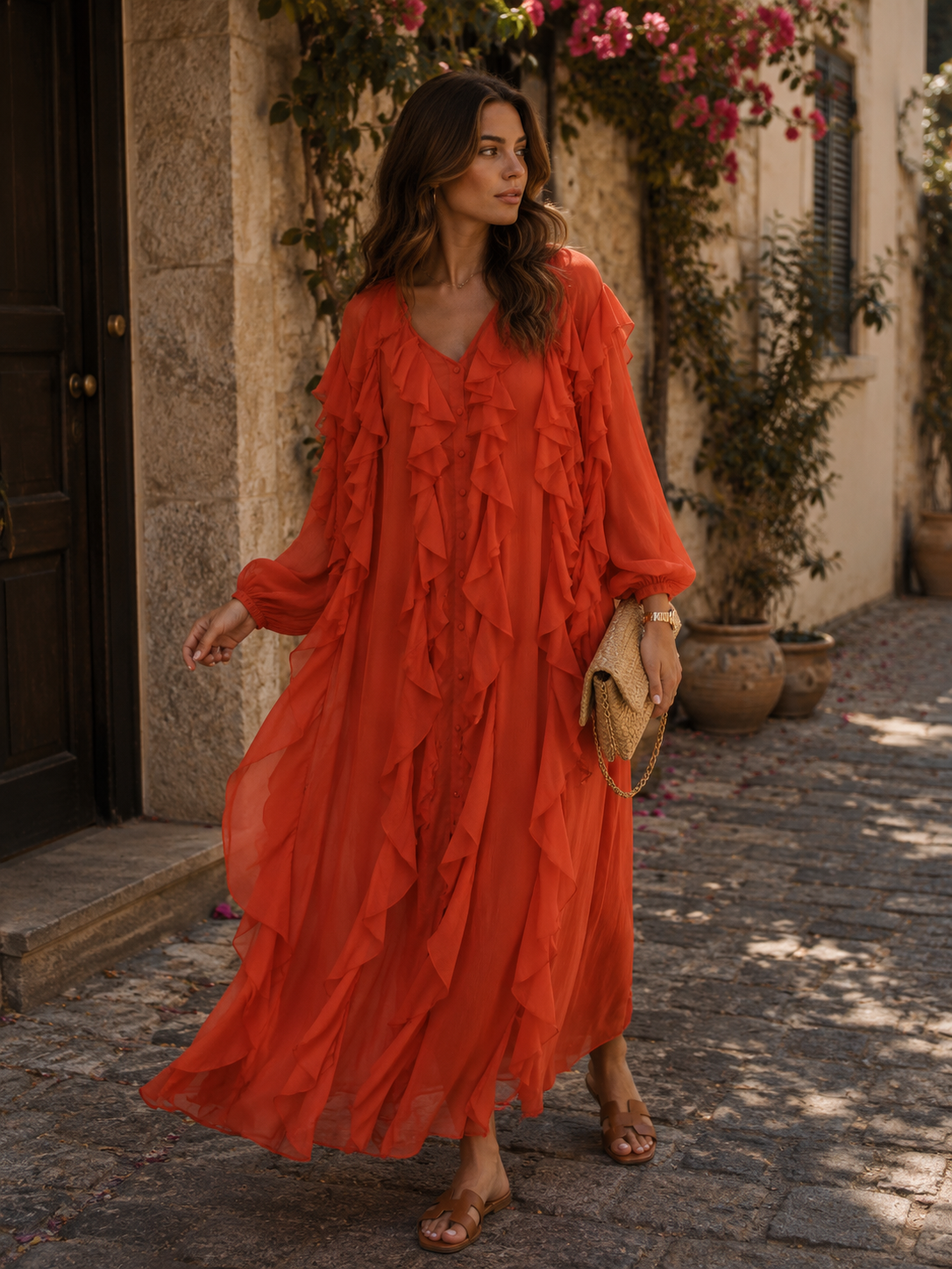 Langes Rüschenkleid – Feminine Eleganz mit fließender Leichtigkeit