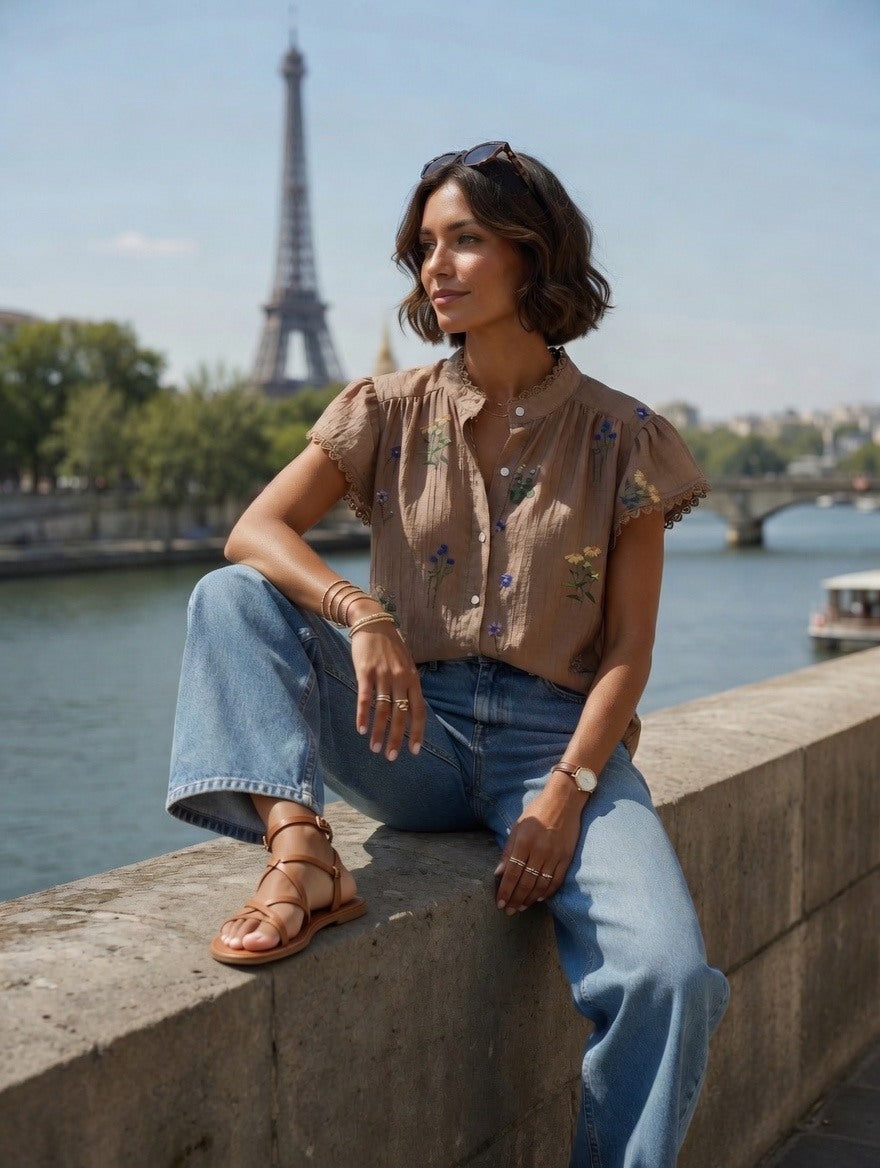Hectorienne Baumwollbluse mit Blumenstickerei und Volantärmeln in Camel
