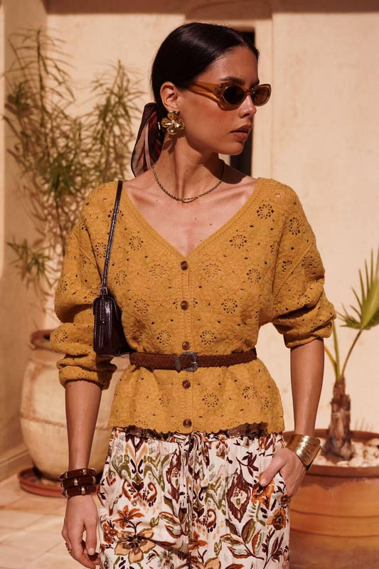 Ajour-Strick-Cardigan Solana in Ocker