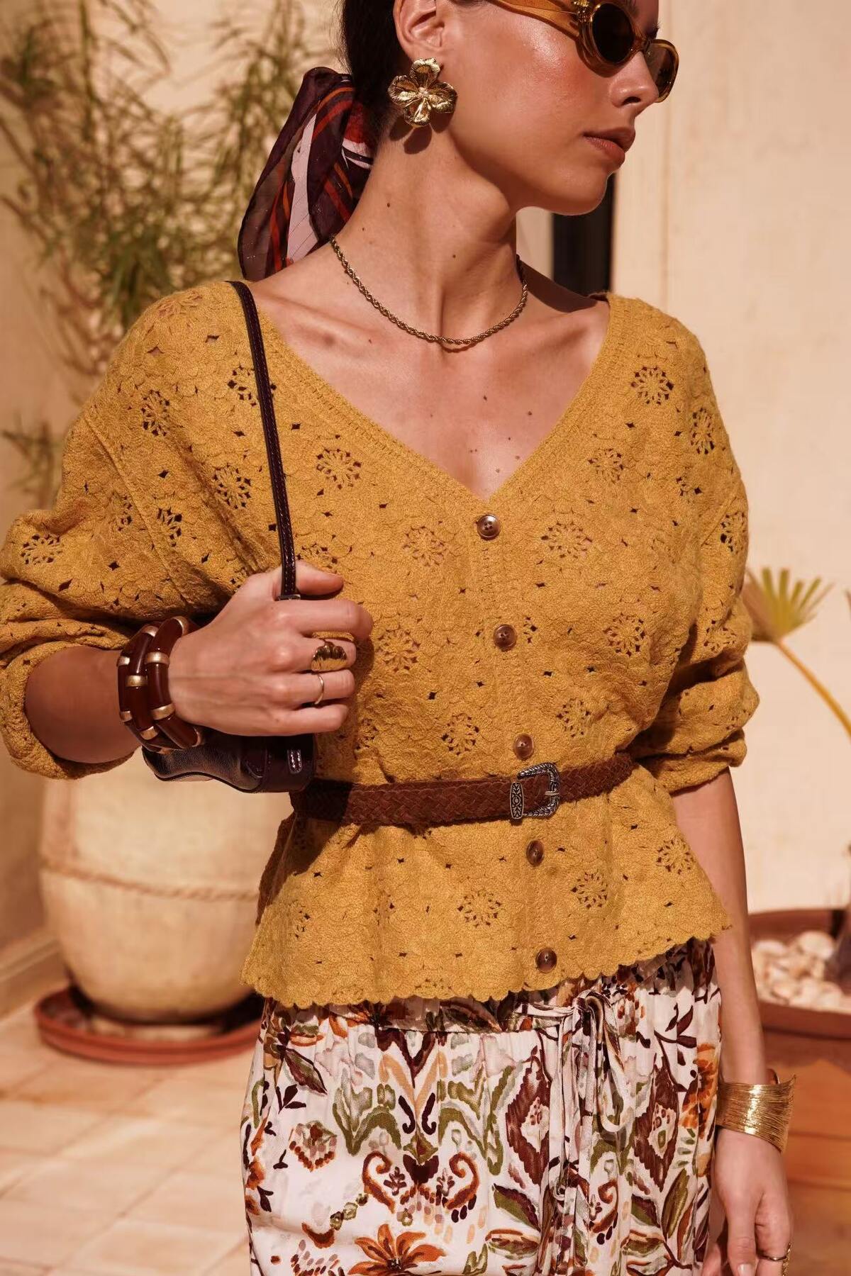 Ajour-Strick-Cardigan Solana in Ocker