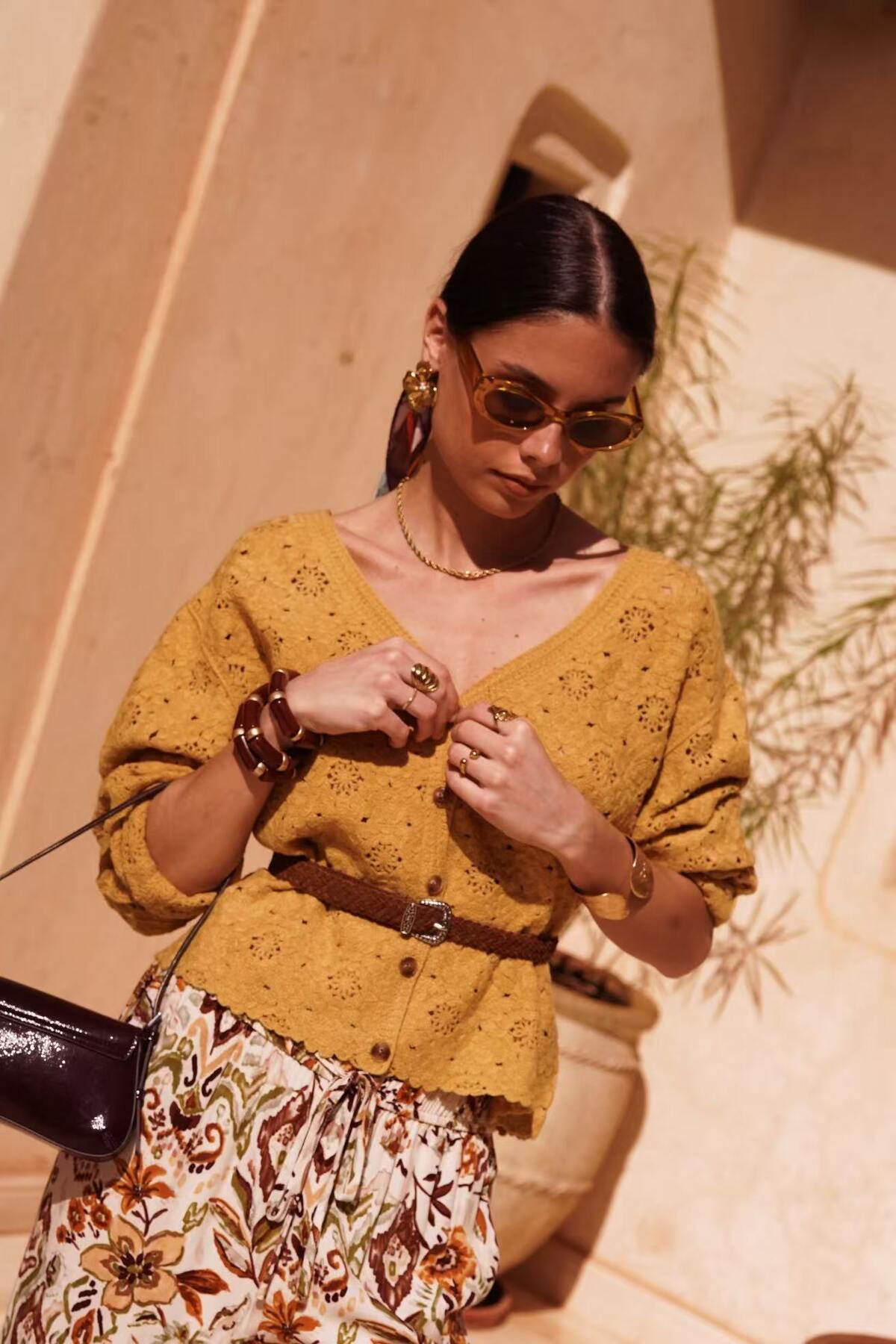 Ajour-Strick-Cardigan Solana in Ocker