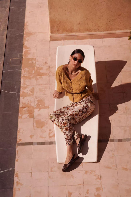 Boho-Print-Hose Marisol in Beige mit weitem Bein