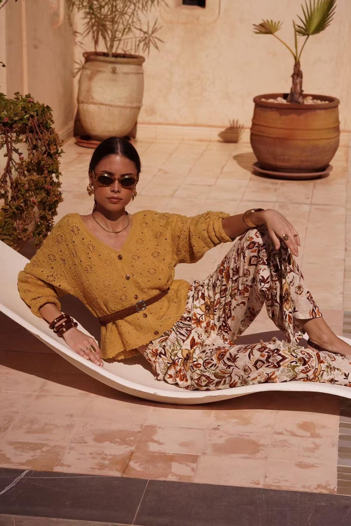 Boho-Print-Hose Marisol in Beige mit weitem Bein