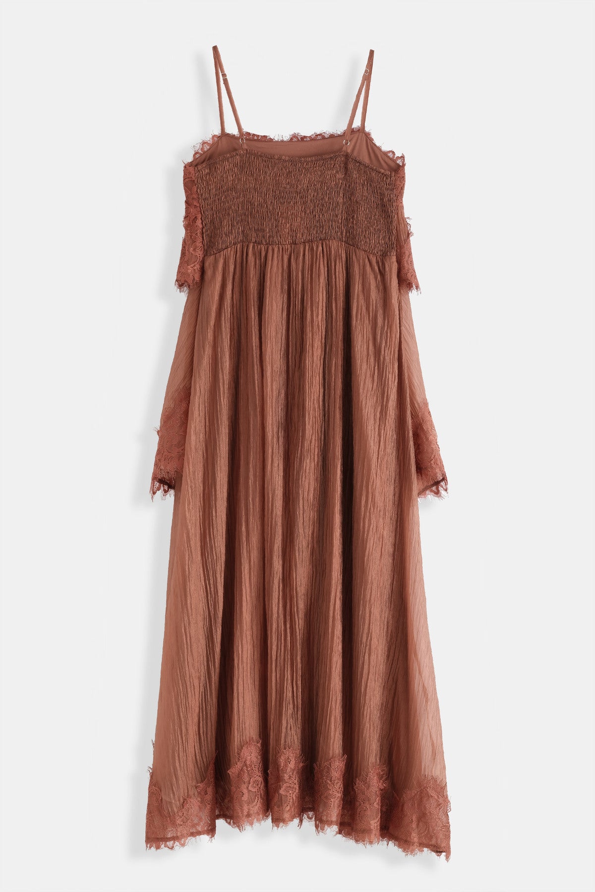 Langes Kleid mit Volants und Spitzendetails – Feminin, fließend und zeitlos