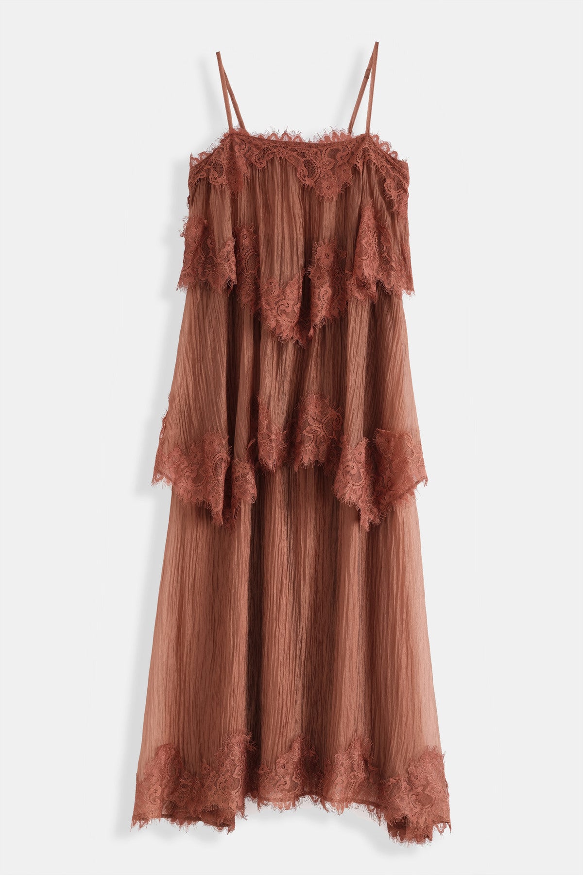 Langes Kleid mit Volants und Spitzendetails – Feminin, fließend und zeitlos