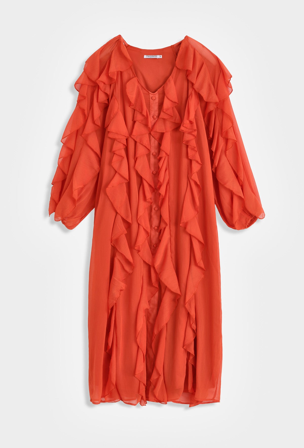 Langes Rüschenkleid – Feminine Eleganz mit fließender Leichtigkeit