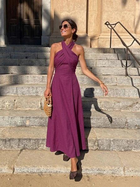 Maxikleid Elodie in Rosa mit gekreuztem Neckholder