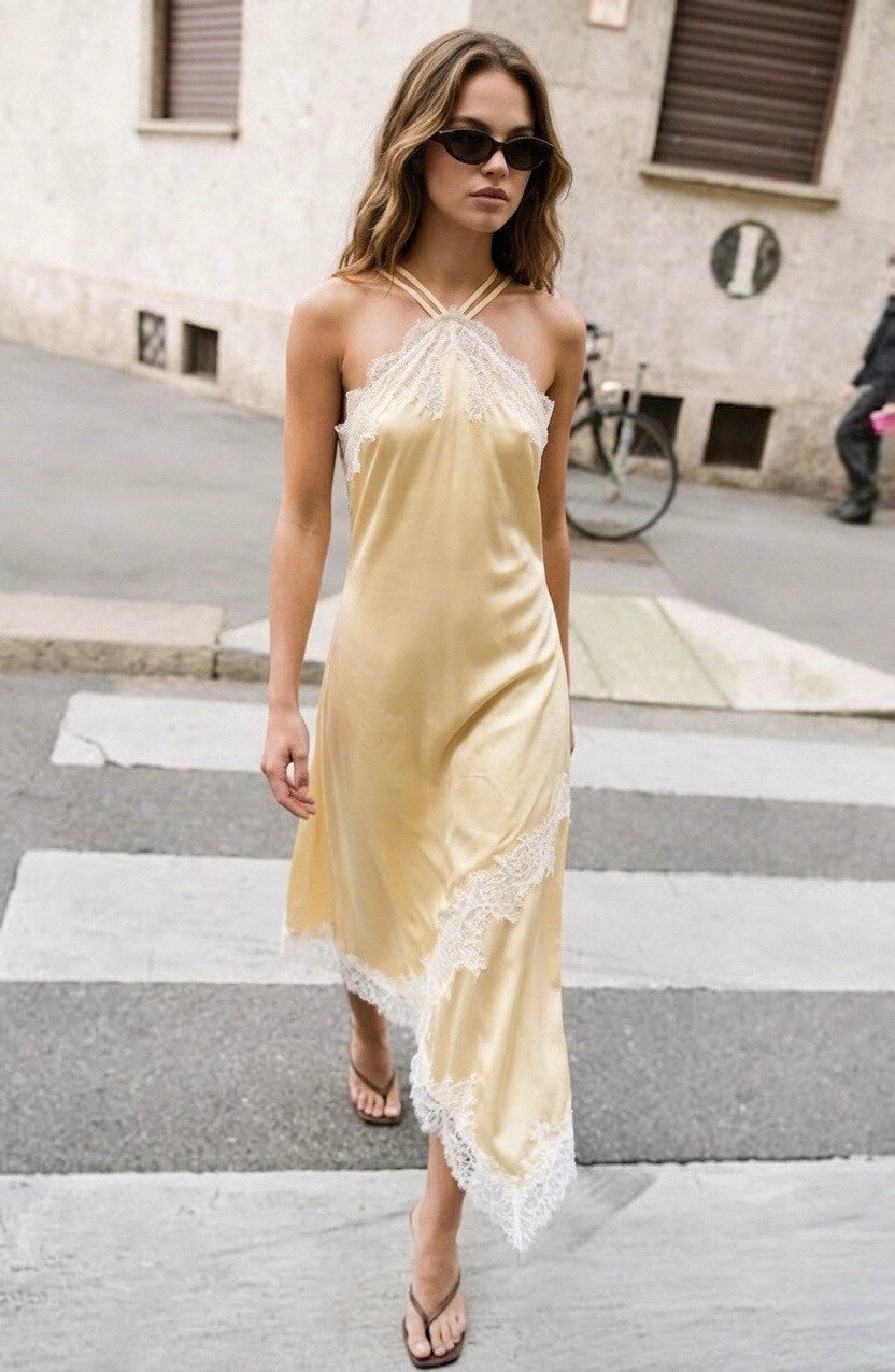 Satin Midikleid mit Spitze
