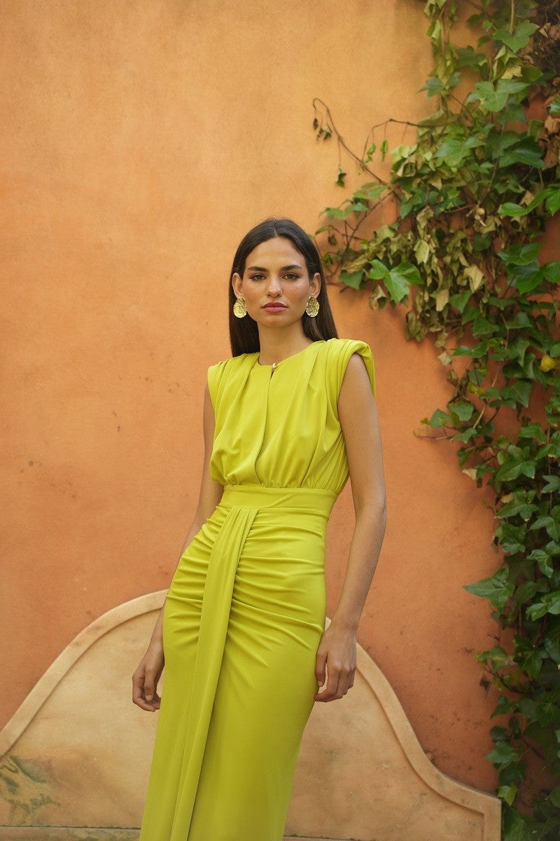 Panama Midikleid mit Drapierung in Limettengrün